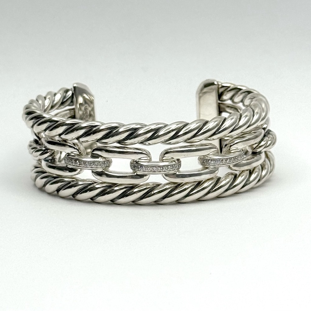 DAVID YURMAN Sterling Silver Diamond Wellesley Link Three-Row Cuff Bracelet